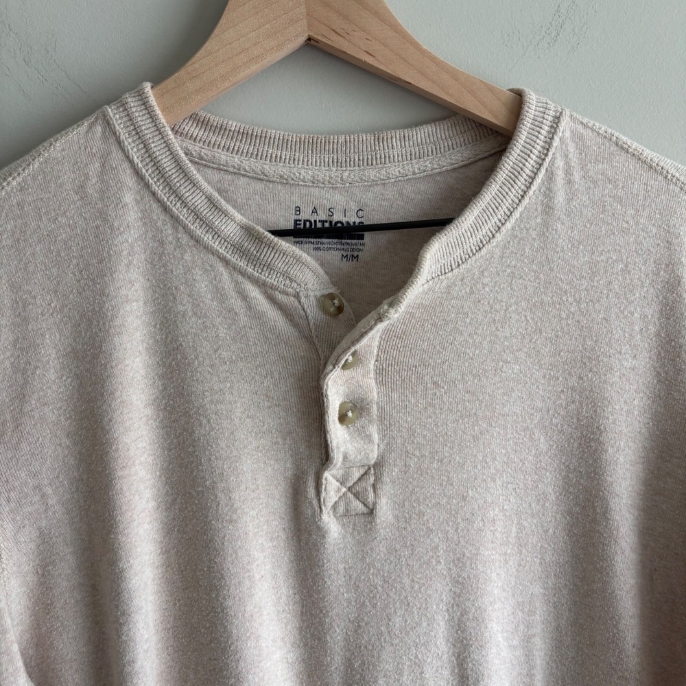 Basic Editions Henley Shirt Size Medium Beige Long Sleeve Cotton Blend Top